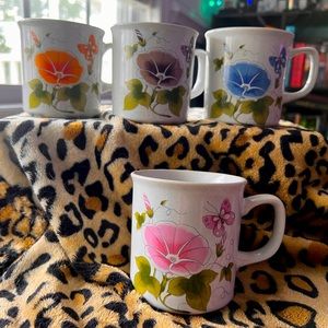 Vintage cottage core butterfly poppy mug set of 4